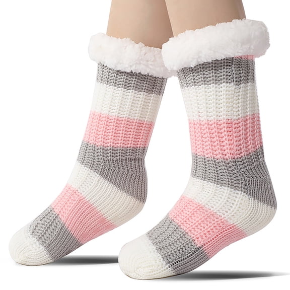 Wuxian Socks For Women Knitted Striped Fashion Slipper Socks Non Thick Fuzzy Lined Slippers Stocking Casual Breathable Socks,Pink,One Size