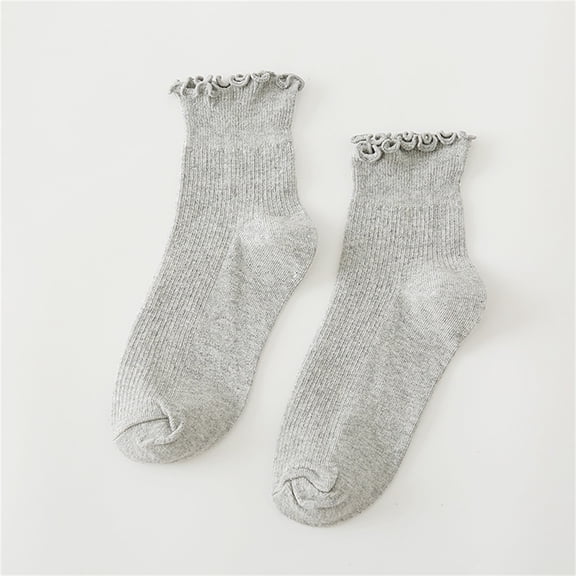 Wuxian Socks For Women Ruffles Trim Casual Cotton Crew Socks Solid Color Knit Low Ankle Fashion Soft Comfy Dailywear,Grey,One Size