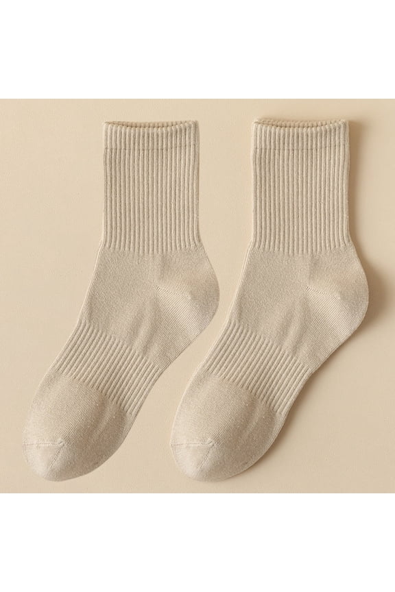 Socks For Women Couples Leisure Tube Solid Color Knit Ribbed Crew Socks Cotton Sweat Absorbent Sports Stockings Casual Breathable Socks,Khaki,One Size