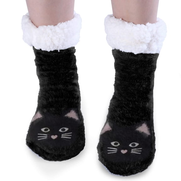 Wuxian Socks For Women Fuzzy Slipper Socks Thick Warm Plush Lined Cute Animal Pattern Winter Thermal Non- Booties Stocking Comfy Dailywear,Black,One Size