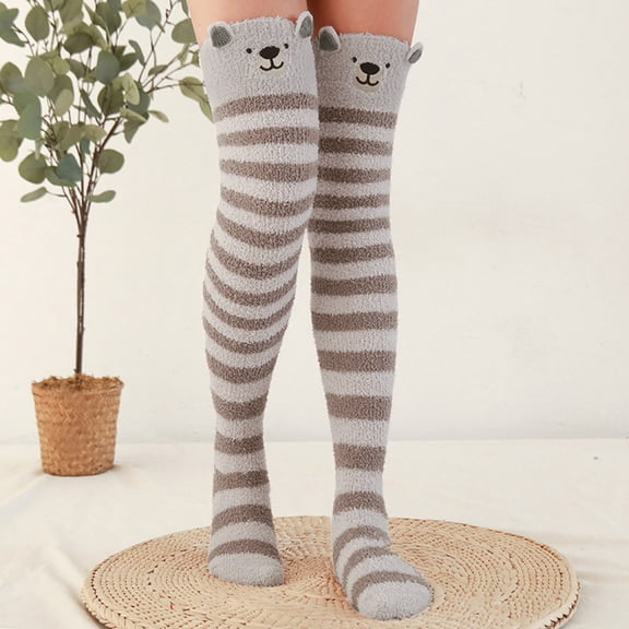Wuxian Socks For Women Fuzzy Stylish Striped Over Knee Cartoon Thigh High Home Socks Winter Warm Knitted Soft Stocking Leggings Comfy Dailywear,Brown,One Size