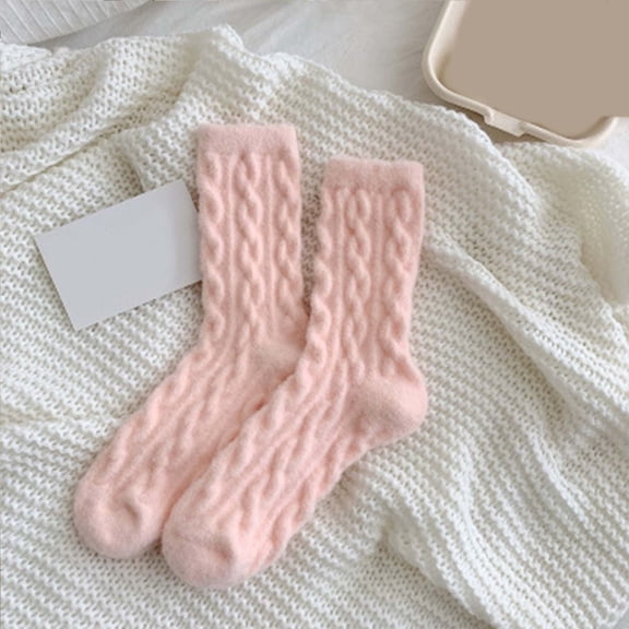 Wuxian Socks For Women Solid Color Knit Cotton Crew Socks Stockings Cozy Soft Blend Textured Everyday Wear Breathable Lightweight Footwear,Light Pink,One Size