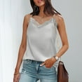 thumbnail image 1 of Wuxian Solid Color V Neck Tank Tops For Women Spaghetti Strap Lace Trim Silk Satin Summer Sleeveless Camisole Loose Fit Shirt Dailywear,Grey,M, 1 of 4