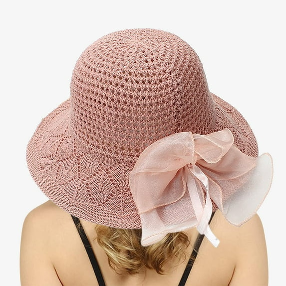 Wuxian Straw Hats For Women Solid Color Bow Wide Brim Summer Dress Hat Shapeable Hollowed Out Breathable Fashionable Lightweight Foldable Party Vacation Beach Sun Hat ,Pink,One Size