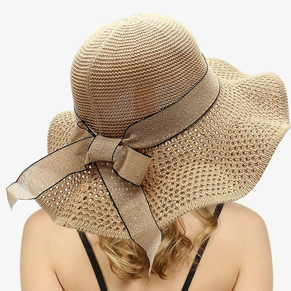 Wuxian Straw Hats For Women Solid Color Bow Wide Brim Summer Dress Hat Shapeable Hollowed Out Breathable Fashionable Lightweight Foldable Party Vacation Beach Sun Hat ,Khaki,One Size