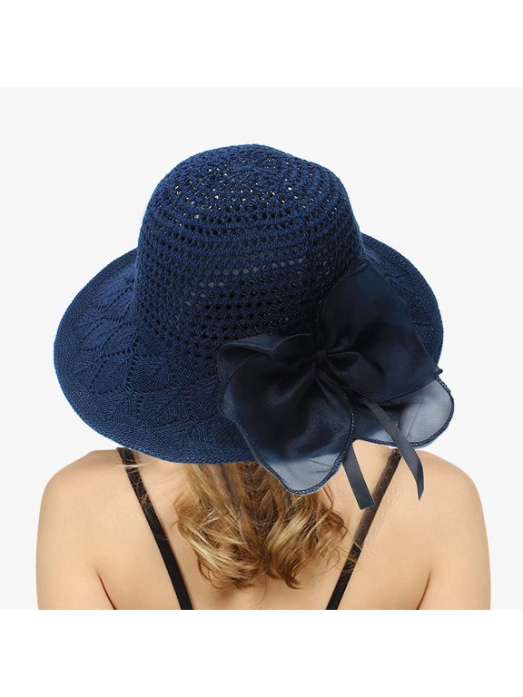 Straw Hats For Women Solid Color Bow Wide Brim Summer Dress Hat Shapeable Hollowed Out Breathable Fashionable Lightweight Foldable Party Vacation Beach Sun Hat ,Navy,One Size