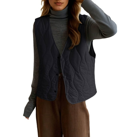 Wuxian Sweaters For Women Puffer Vest Sleeveless Solid Color Layering Piece Casual Stylish Loose Oversized Jacket Thick Warm Waistcoat Winter Clothing Dressy Casual Soft,Black,L