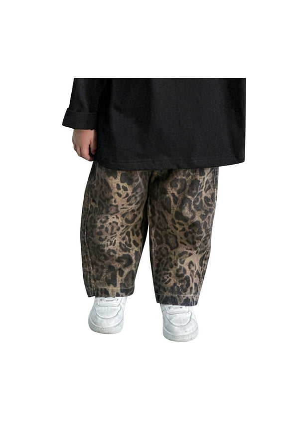 Sweatpants For Girls Cargo Denim Pants Fashion Camouflage Leopard Elastic Waist Wide Leg Jeans Trousers Jogger Washed Ripped Casual Trousers,Khaki,4 Years