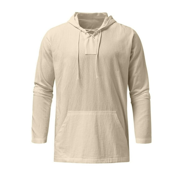 Wuxian Sweatshirt For Men Hoodie Linen Shirts Casual Lace Up Long Sleeve Shirts Summer Fall Beach Shirts Tops Coats,Beige,L