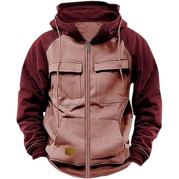 Wuxian Sweatshirt For Men Zip Up Hood Long Sleeve Color Block Sport Hoodie Sweatshirt With Pocket Windproof Jacket Fall Winters,Pink,L