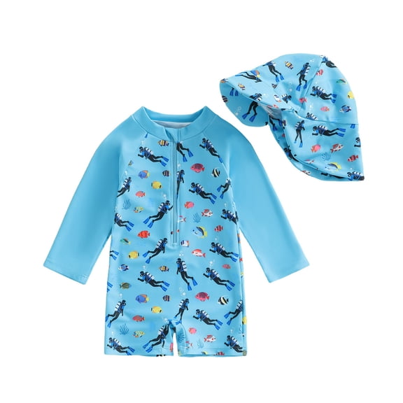Wuxian Swimsuit For Girls Rash Guard Swim Long Sleeve Cartoon Print Striped Ruffled Patchwork Zipper Up Round Neck Bodysuit With Cute Hat Popular Swimsuit,Blue,6-12 Months