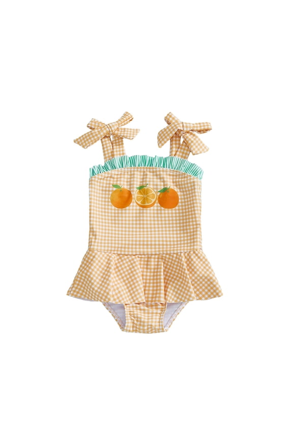 Swimsuit One Piece Swimsuit Bow Strap Dress Bodysuit Fashion Cartoon Print Beachwear Popular Swimsuit,Yellow,12-18 months