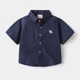 thumbnail image 1 of Wuxian Toddler Baby Boys Shirts Solid Color Short Sleeve Button Down Embroidered Shirt Turndown Collar Summer Casual Formal Elegant Top Breathable Classic School Uniform Blouse,Navy,12-18 Months, 1 of 3