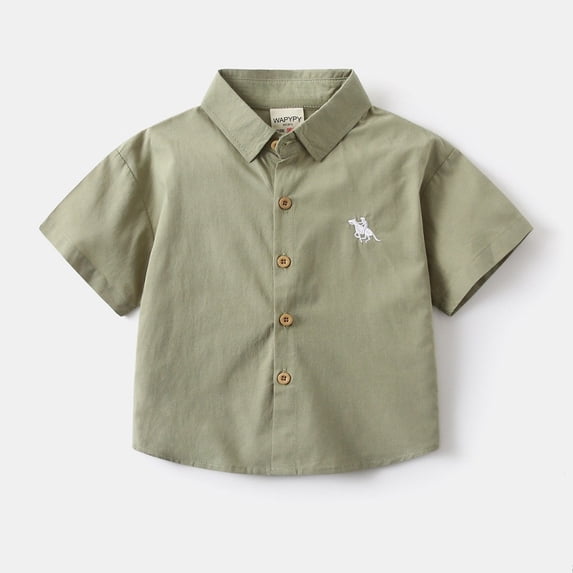 Wuxian Toddler Baby Boys Shirts Solid Color Short Sleeve Button Down Embroidered Shirt Turndown Collar Summer Casual Formal Elegant Top Breathable Classic School Uniform Blouse,Green,18-24 Months