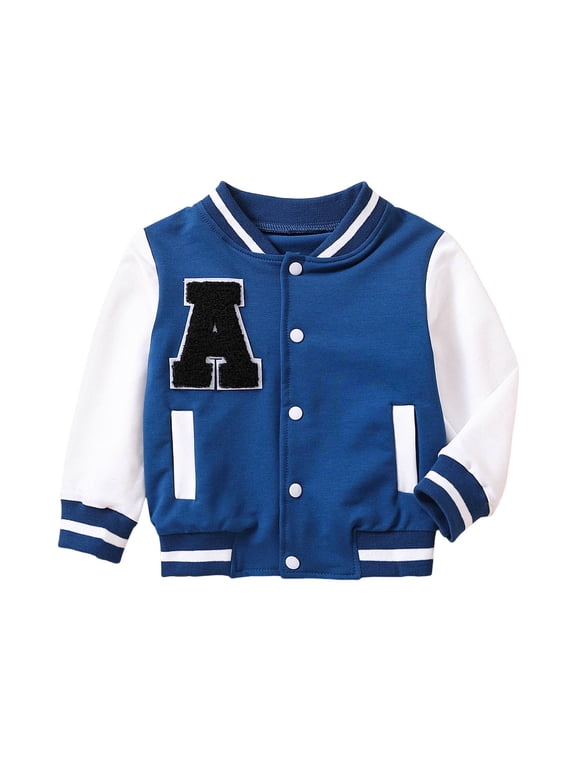 Toddler Boys Coat Winter Windproof Baseball Jacket Varsity Letter Button Down With Pocket Coat Fall Winter Bomber Vintage Outfits,Blue,12-18 Months