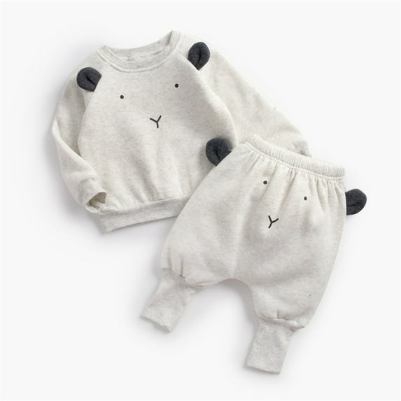 Wuxian Toddler Boys Fall Winter Basic Clothes Sets Casual Crewneck Cute Pattern Long Sleeve Pullover Sweatshirt And Sweatpants 2 Piece Loose Fit Warm Outfits Set,Grey,12-18M