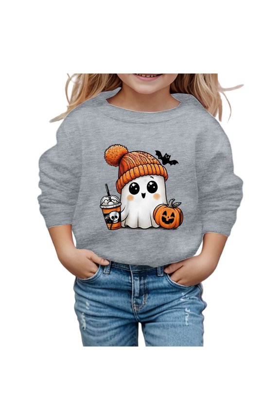 Toddler Boys Girls Halloween Sweatshirt Casual Pullover Funny Ghost Pumpkin Graphic Top Blouse Crewneck Long Sleeve Loose Fit Tops,Grey,10-11 Years