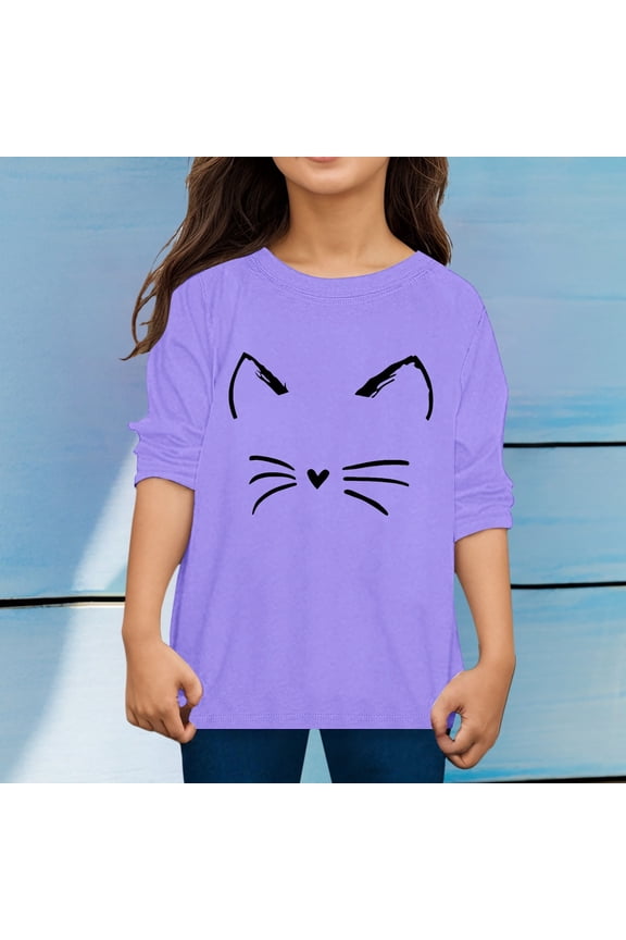 Toddler Boys Girls Long Sleeve Shirt Crewneck Loose Fit Cute Cartoon Cat Prints Breathable Pullover Basic Tee Layer Winter Spring T Shirt Tops Basic Tees Tagless,Purple,3-4 Years
