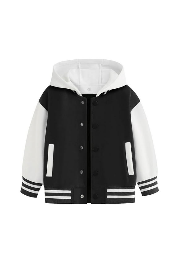 Toddler Coat Hooded Varsity Jacket Color Block Baseball Jacket Bomber Coat School Uniform With Pocket Jacket,Black,2-3 Years