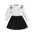 thumbnail image 1 of Wuxian Toddler Fall Outfit Stylish Skirt Sets Puff Sleeve Round Neck Cute Bow Solid Color Knit Shirt Top And Pleated Skirt Fashion Suit Girls Cute Clothing Set,White,4-5 Years, 1 of 8