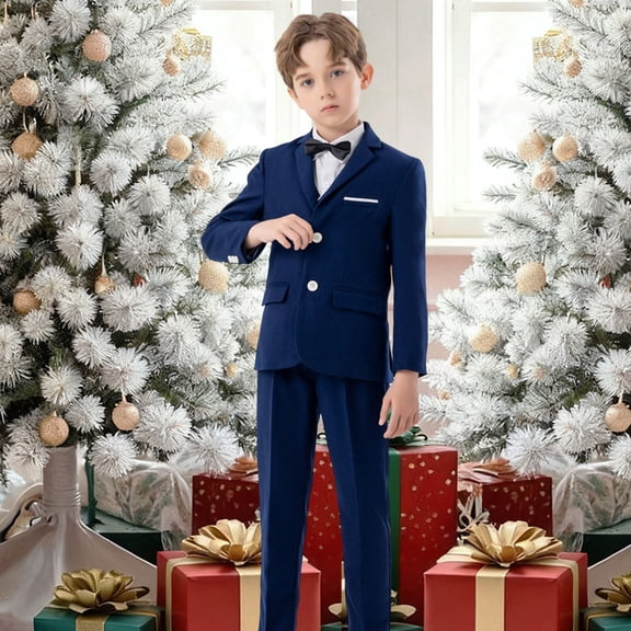 Wuxian Toddler Fall Outfits Boys Formal Suits Four Piece Shirt Tuxedo Gentlemen Solid Color Jacket Vest Trousers Bowtie Wedding Party Activist Dress Wear Cute Winter Outfits,Navy,5-6 Years