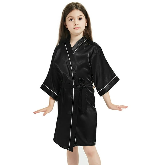 Wuxian Toddler Girl Fall Outfits Solid Color Silk Satin Bathrobe Swim Cover Up Long Sleeve Robes With Belt Soft Lightweight Breathable Boys' Clothing Sets,Black,5-6 Years