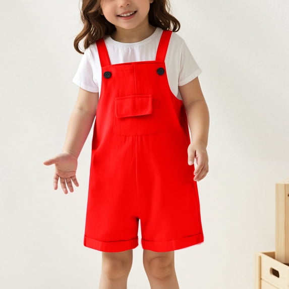 Wuxian Toddler Girl Outfits Solid Color Overalls Front Pockets Cute Wide Leg Shorts Rompers Suspender Trousers Classic Relaxed Fit Casual Summer Breathable Onesized Loose Clothes,Red,11-12 Years