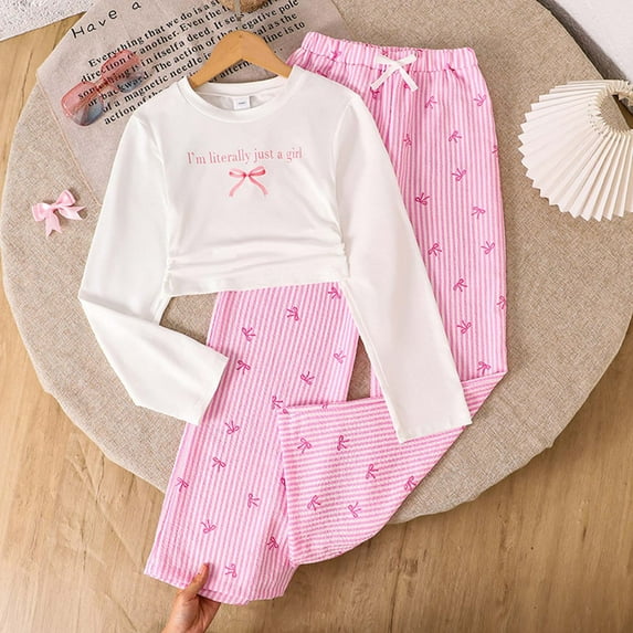 Wuxian Toddler Girl Outfits Valentine'S Day Outfits Spring Summer Cute Bows Floral Print Long Sleeved Crewneck Top Shirt Casual Striped Trousers Set For Teens Youth Clothes,White,10-11 Years