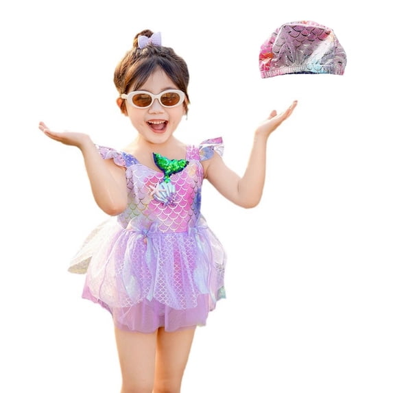 Wuxian Toddler Girls 2 Piece Swimwear Tankini Set Gradient Sleeveless Round Neck Ruffled Tiered Mesh Tutu Skirts Swimsuit With Swim Cap Beachwear Fashionable Beach Pool Bathing Suit,Purple,2-3 Years