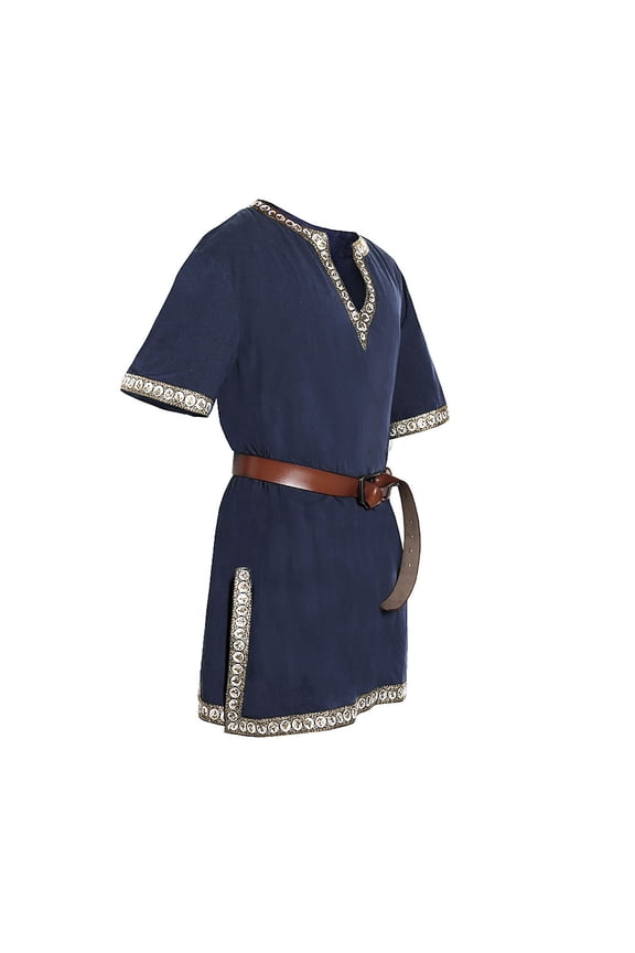 Toddler Girls Boys Kids Retro Shirts Boys Short Sleeve V Neck Embroidery Mid Length Viking Tunic Knight Warrior Tops Clothing,Blue,3-4 Years