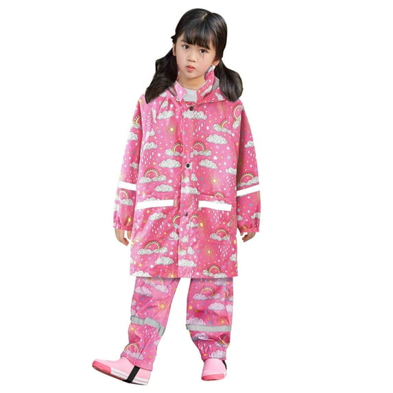Wuxian Toddler Girls Boys Rain Suit Dinosaur Rainbow Printed Rain Jacket With Pants Hooded Windproof Raincoat For Kid Rainwear,Hot Pink,8-9 Years