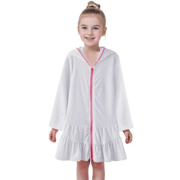 Wuxian Toddler Girls Child Swim Cover Up Solid Color Long Sleeve Hoodies Swimsuit Dresses Full Zip Up Ruffles Fashionable Bathing Suit Soft Bathrobe Beach Dress Prom Ball Gown,White,2-3 Years