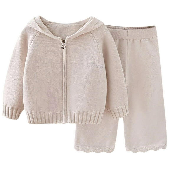 Wuxian Toddler Girls Knit Sweater Sets 2 Piece Hoodies Full Zip Up Solid Long Sleeve Jacket Coats And Wide Leg Pants Casual Fall Winter Warm Comfort Streetwear,Beige,5-6 Years