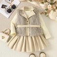 thumbnail image 1 of Wuxian Toddler Girls Outfit Fashionable Fuzzy Vest Long Sleeve Top With Leather Pleated Skirt 3 Piece Stylish Suit Fall Winter Clothing For Girls,Beige,2-3 Years, 1 of 8
