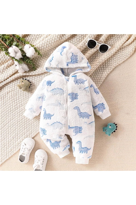 Toddler Girls Outfit Jumpsuit Dinosaur Print Hooded Romper Jumpsuit Thick Warm Bodysuit Cozy Wool Lined Playwear Sweatsuit Clothing Sets,White,18-24 Months