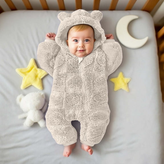 Wuxian Toddler Girls Outfit Jumpsuit Wool Fuzzy Thickened Warm Hooded Long Sleeve Solid Color Zipper Bodysuit Winter Romper Girls Cute Clothing Set,Beige,9-12 Months