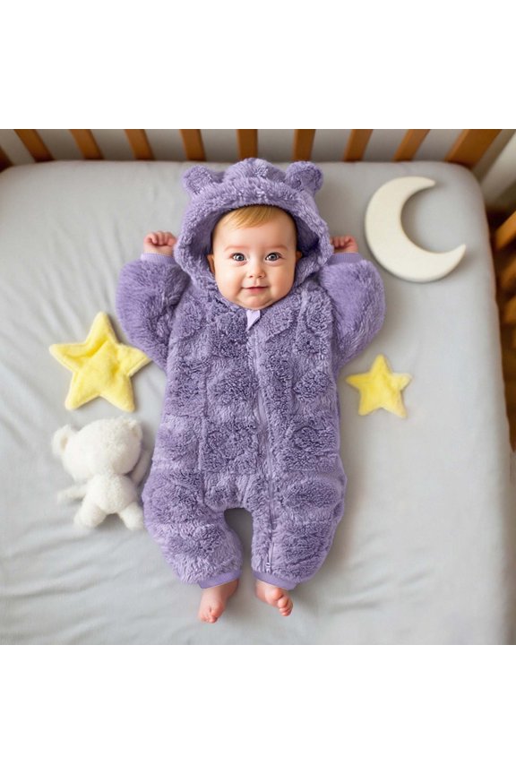 Toddler Girls Outfit Jumpsuit Wool Fuzzy Thickened Warm Hooded Long Sleeve Solid Color Zipper Bodysuit Winter Romper Sweatsuit Clothing Sets,Purple,12-18 Months