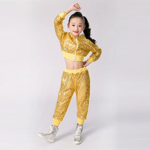 Wuxian Toddler Girls Outfit Sequin Glitter Zip Up Hoodie Long Sleeve Jacket And Joggers Party Performance Gown Dance Wear Sweatsuit Clothing Sets,Yellow,3-4 Years