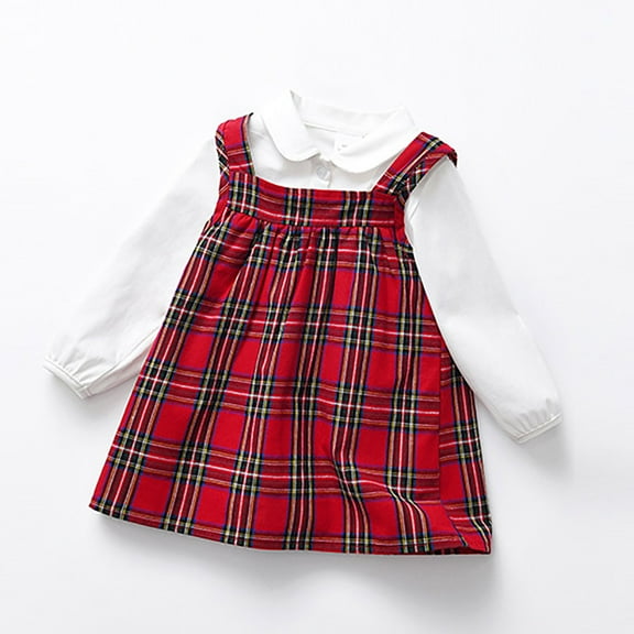 Wuxian Toddler Girls Outfit Stylish Dress Shirt Set Autumn Winter Two Piece Long Sleeve Peter Pan Collar T-Shirt Plaid Dress Two Piece Dailywear Fall Winter Girls Outfits,Red,3-4 Years
