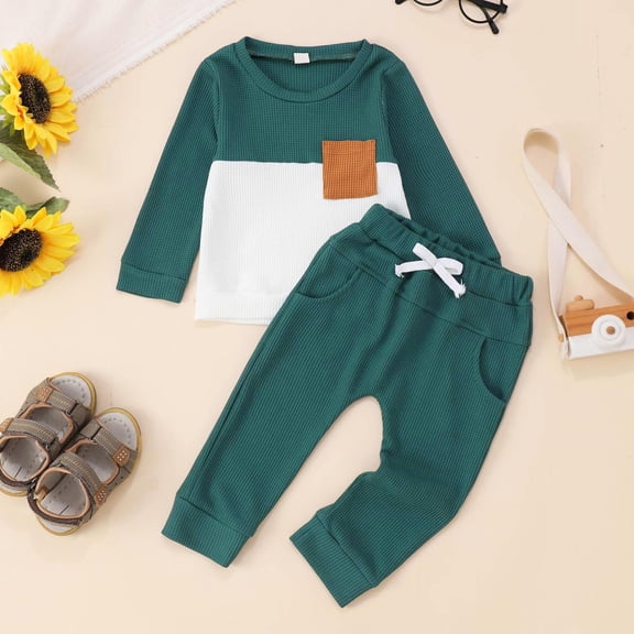 Wuxian Toddler Girls Outfit Sweatshirt Set Long Sleeve Color Block Crewneck Pullover Sport Trousers Cozy Suit Sweatsuit Clothing Sets,Green,0-6 Months