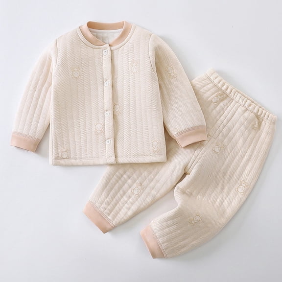 Wuxian Toddler Girls Outfit Winter Warm Thermal Underwear Padded Button Jacket And Trousers Cozy Soft Relaxed Homewear Girls Cute Clothing Set,Khaki,3-6 Months