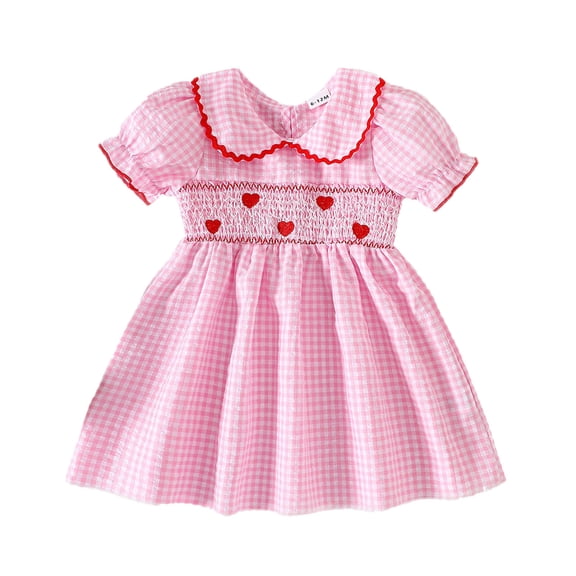 Wuxian Toddler Girls Plaid Dress Peter Pan Collar Smocked High Waist Heart Embroidery Short Puff Sleeve Valentine'S Day Dresses Party Dancewear,Pink,6-12 Months
