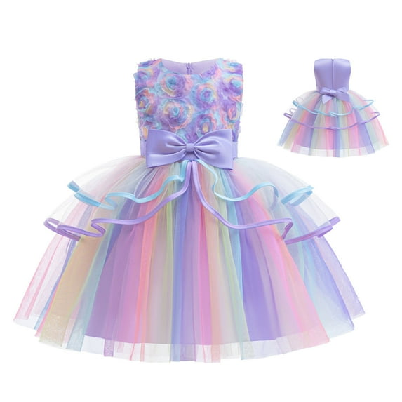 Wuxian Toddler Girls Princess Dress Gradient Rainbow Color Sleeveless Flower Pattern Cute Bow High Waist Tiered Mesh Tutu Dresses Elegant Ruffled Party Wedding Birthday Easter Dress,Purple,4-5 Years