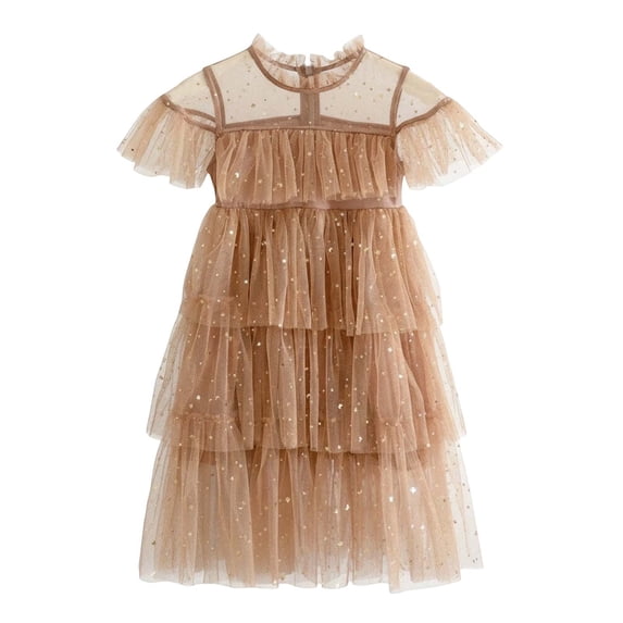 Wuxian Toddler Girls Princess Sequins Dress Cowl Neck Ruffles Sleeveless Tiered A-Lined Dresses Dance Party Wedding Birthday Dailywear,Brown,6-7 Years