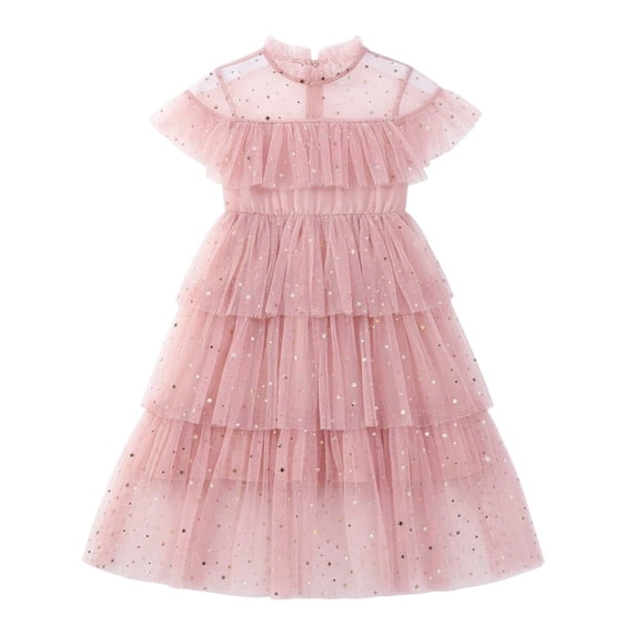 Wuxian Toddler Girls Princess Sequins Dress Cowl Neck Ruffles Sleeveless Tiered A-Lined Dresses Dance Party Wedding Birthday Dailywear,Pink,2-3 Years