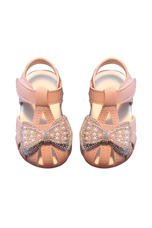 Toddler Girls Sandals Closed Toe Cute Flats Dress Sandals Non- Soft Soled With Bow Cross Strappy Summer Shoes,Pink,3-6 Months