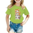 thumbnail image 1 of Wuxian Toddler Girls Tops Short Sleeve Round Neck Graphic T-Shirt Top Funny Cat Print Cotton Tee Casual Summer T-Shirt,Light Green,3-4 Years, 1 of 5