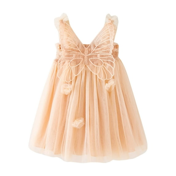 Wuxian Toddler Girls Tutu Dresses Sleeveless Spaghetti Strap Butterflies Tiered Holiday Party Mesh Tulle Dress Dance Party Dailywear,Beige,2-3 Years