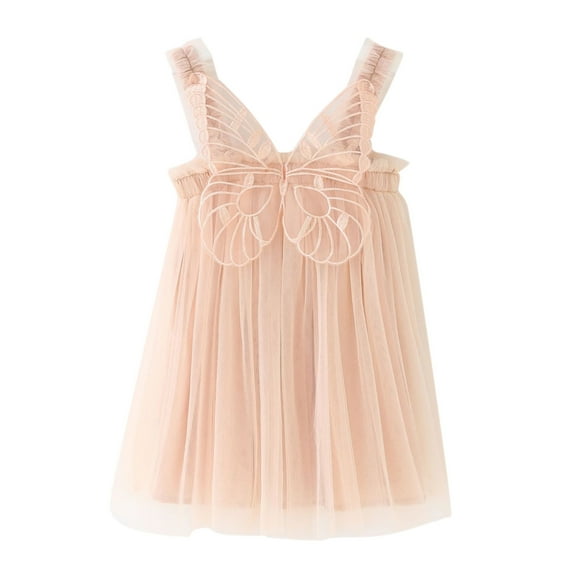 Wuxian Toddler Girls Tutu Dresses Sleeveless Spaghetti Strap Butterflies Tiered Holiday Party Mesh Tulle Dress Dance Party Dailywear,Beige,3-4 Years