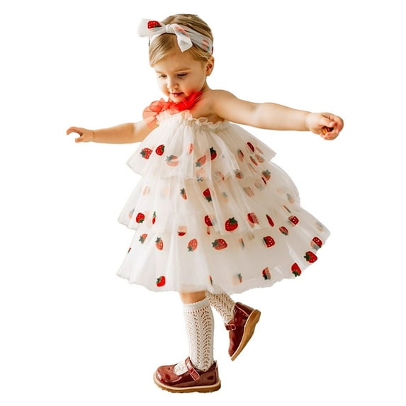 Wuxian Toddler Girls Tutu Dresses Sleeveless Spaghetti Strap Strawberry Embroidery Tiered Holiday Party Mesh Tulle Dress Dance Party Dailywear,White,5-6 Years